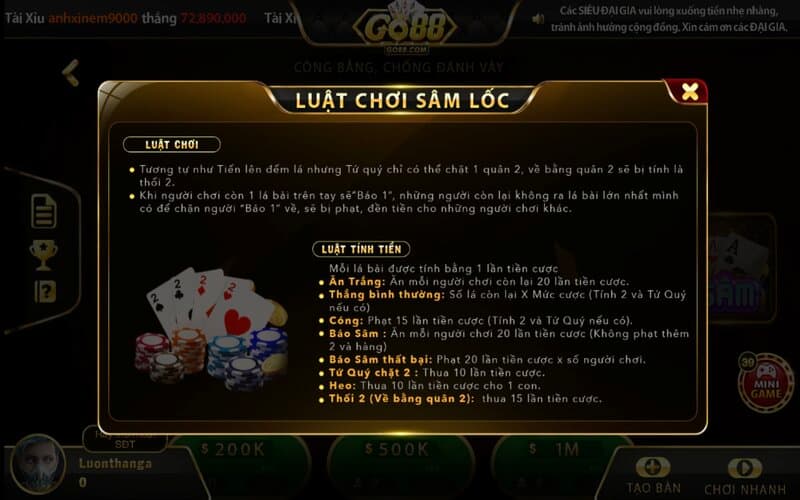 Sâm Go88: Hướng dẫn cách chơi chi tiết cho tân thủ 3 Quy tắc tính tiền thưởng