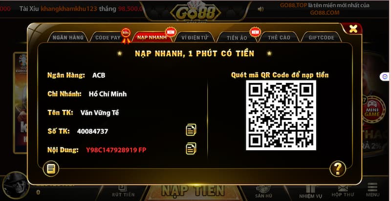 Nạp tiền Go88: Tổng hợp 4 cách mà người chơi nên biết 2 Tổng hợp 4 phương thức nạp tiền Go88