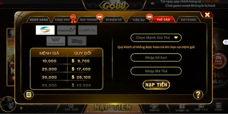 Nạp tiền Go88: Tổng hợp 4 cách mà người chơi nên biết 3 Nạp tiền thông qua thẻ cào siêu hot